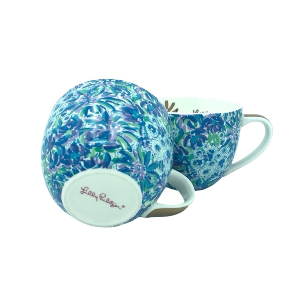 Set of 2 Lilly Pulitzer Mug Cup 12 Oz Floral Blue Gold Handle Hidden Lion - Picture 9 of 11